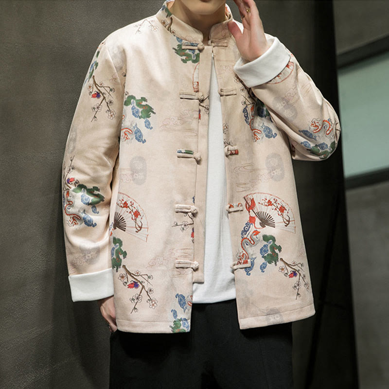 Traje Tang de algodón para hombre, chaqueta y camisa con botones de rana y flores, abanico de dragón y nubes auspiciosas, ropa de Año Nuevo chino con piedras de Buddha Stones  - image 8