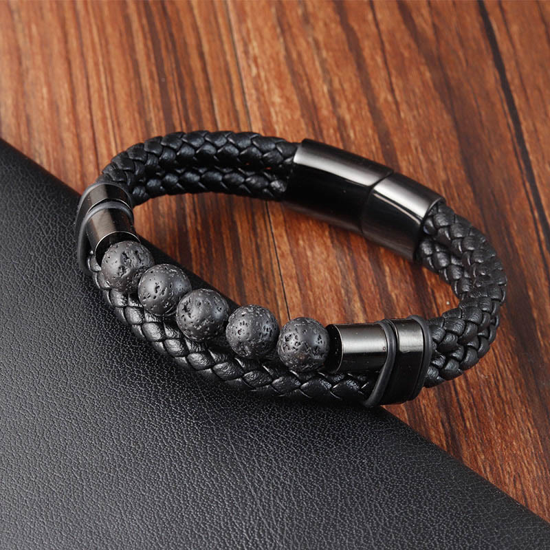 Pulsera de cuero con hebilla magnética y piedra de lava esmerilada con Buddha Stones - Roca de lava (circunferencia de la muñeca: 18-20 cm) - image 1