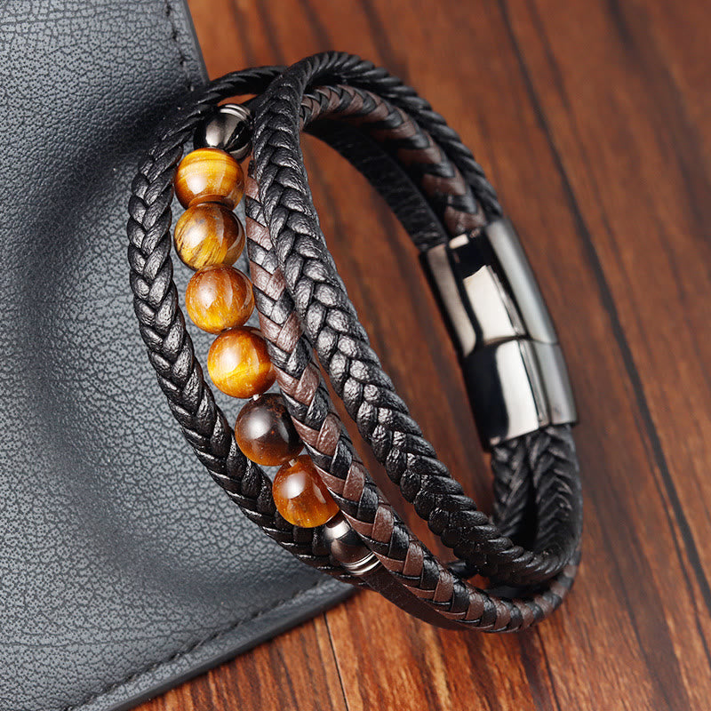 Pulsera de cuero protectora con piedra de ojo de tigre y Buddha Stones - Ojo de tigre (circunferencia de la muñeca: 18-20 cm) - image 1