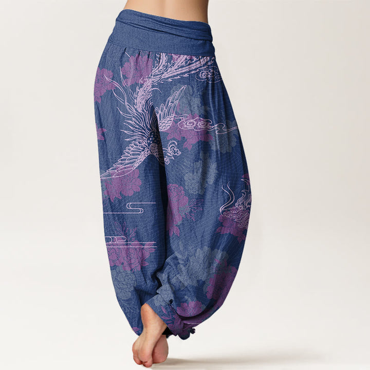 Pantalones harén con cintura elástica para mujer, con Buddha Stones, dragones, rosas, nubes auspiciosas y fénix