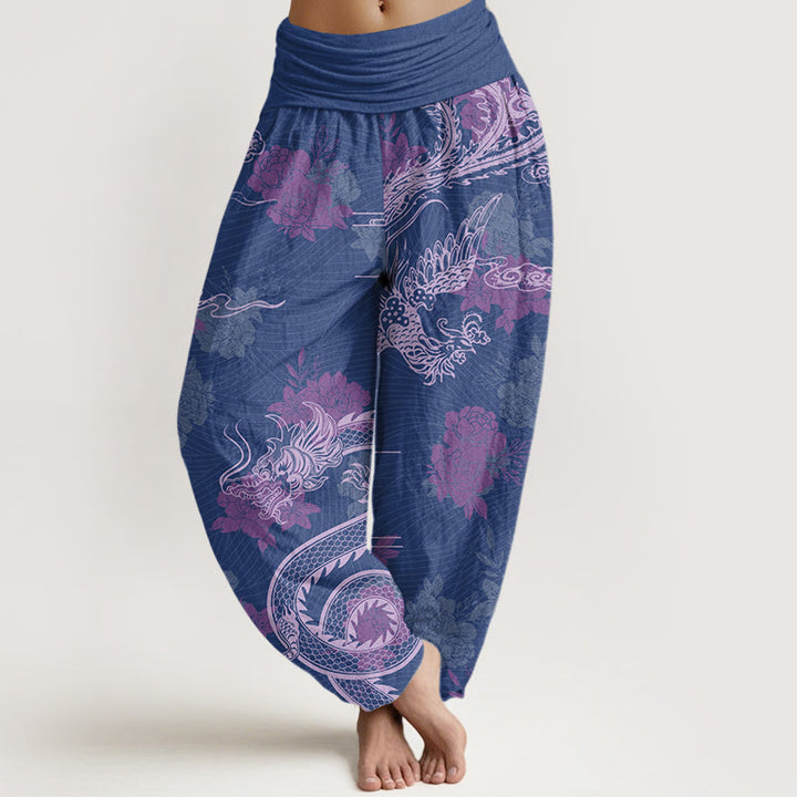 Pantalones harén con cintura elástica para mujer, con Buddha Stones, dragones, rosas, nubes auspiciosas y fénix