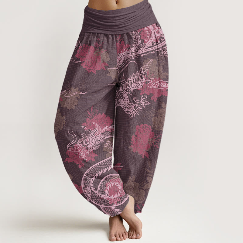 Pantalones harén con cintura elástica para mujer, con Buddha Stones, dragones, rosas, nubes auspiciosas y fénix