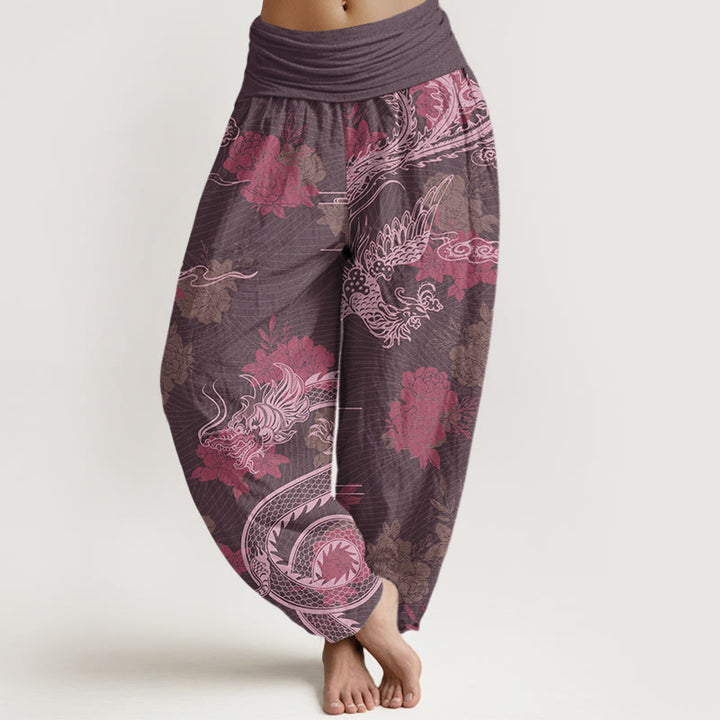 Pantalones harén con cintura elástica para mujer, con Buddha Stones, dragones, rosas, nubes auspiciosas y fénix