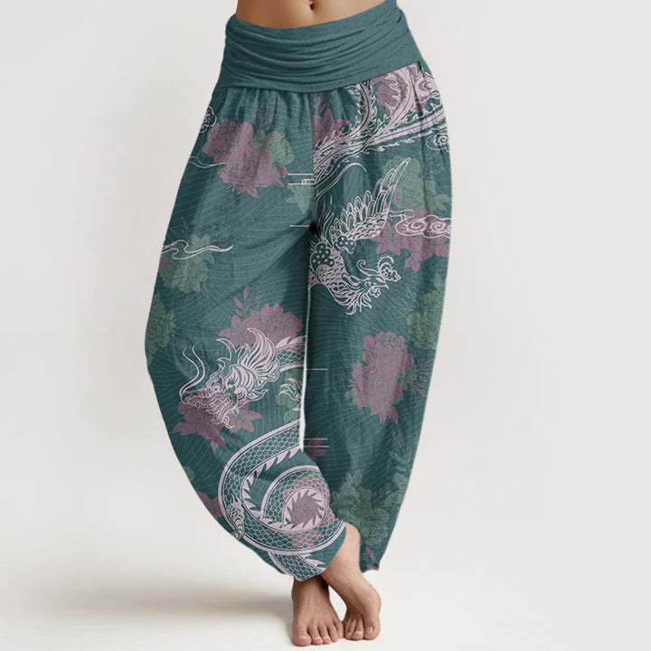 Pantalones harén con cintura elástica para mujer, con Buddha Stones, dragones, rosas, nubes auspiciosas y fénix