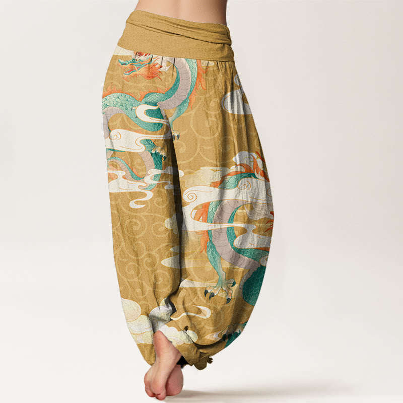 Pantalones harén con cintura elástica para mujer con diseño de Buddha Stones, dragón vibrante, nubes blancas propicias