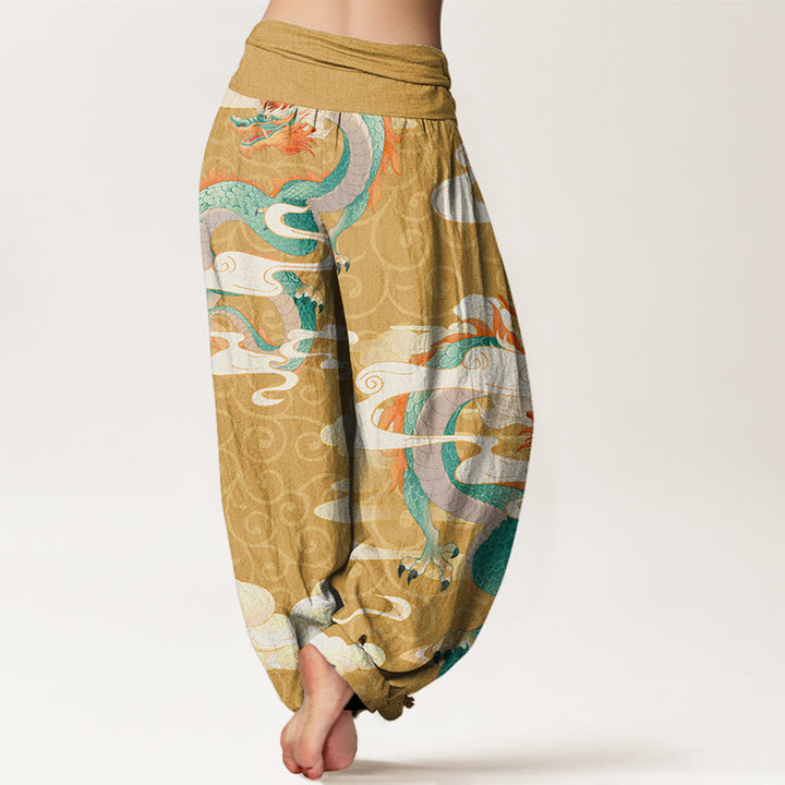 Pantalones harén con cintura elástica para mujer con diseño de Buddha Stones, dragón vibrante, nubes blancas propicias