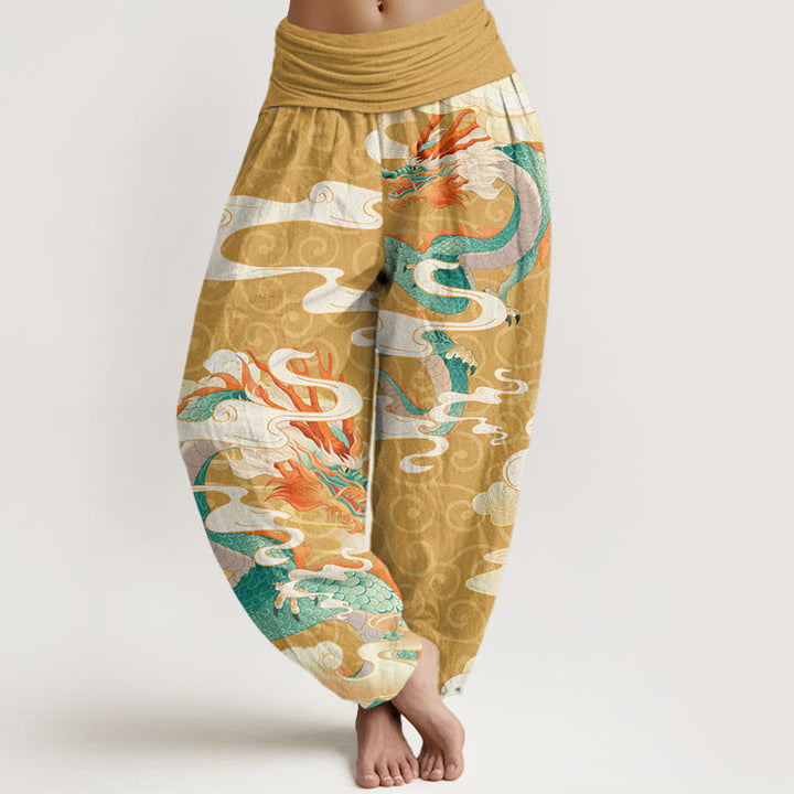 Pantalones harén con cintura elástica para mujer con diseño de Buddha Stones, dragón vibrante, nubes blancas propicias