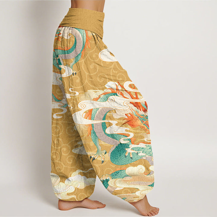 Pantalones harén con cintura elástica para mujer con diseño de Buddha Stones, dragón vibrante, nubes blancas propicias
