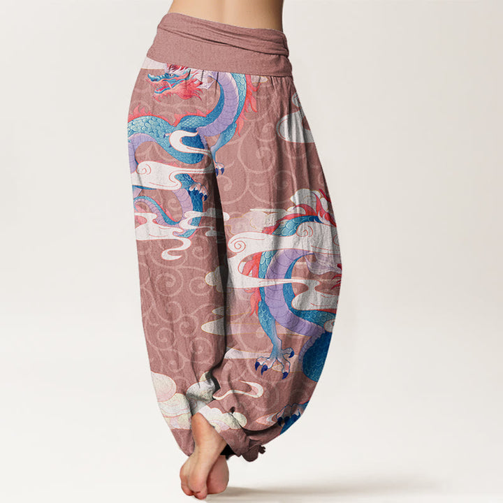Pantalones harén con cintura elástica para mujer con diseño de Buddha Stones, dragón vibrante, nubes blancas propicias