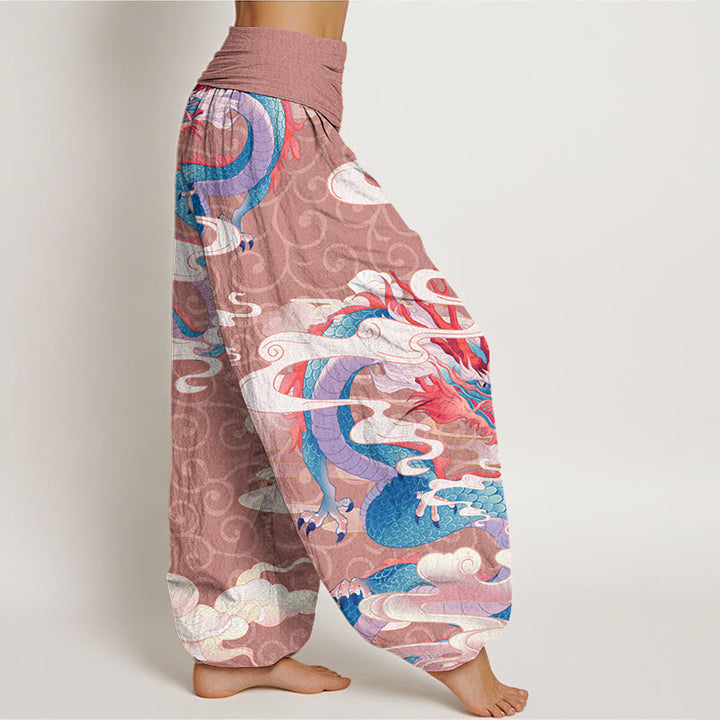 Pantalones harén con cintura elástica para mujer con diseño de Buddha Stones, dragón vibrante, nubes blancas propicias