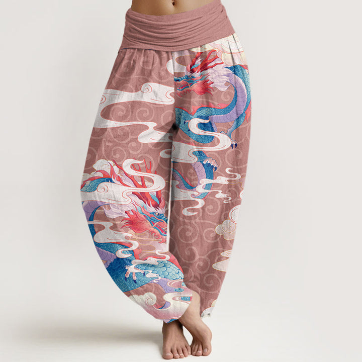 Pantalones harén con cintura elástica para mujer con diseño de Buddha Stones, dragón vibrante, nubes blancas propicias