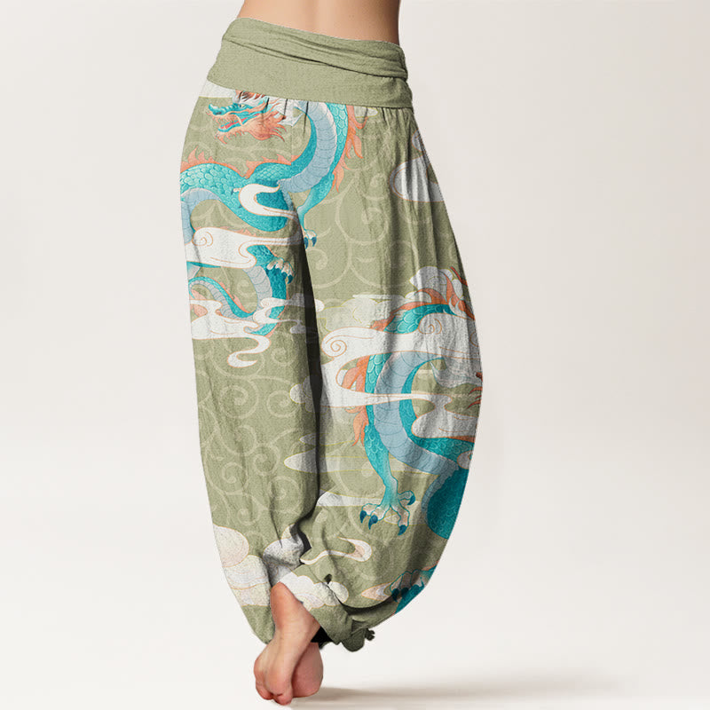 Pantalones harén con cintura elástica para mujer con diseño de Buddha Stones, dragón vibrante, nubes blancas propicias