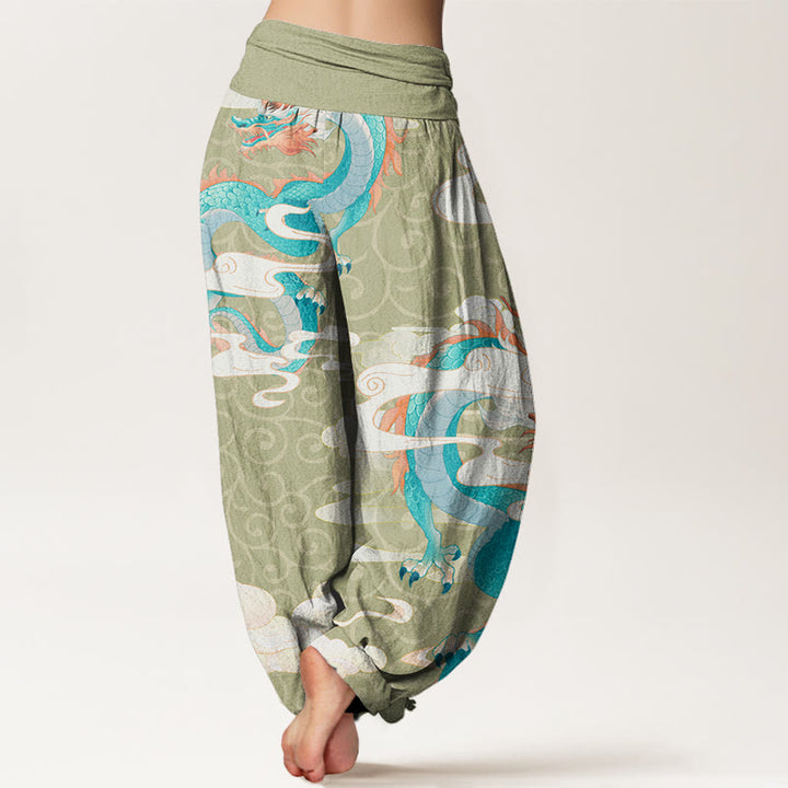 Pantalones harén con cintura elástica para mujer con diseño de Buddha Stones, dragón vibrante, nubes blancas propicias