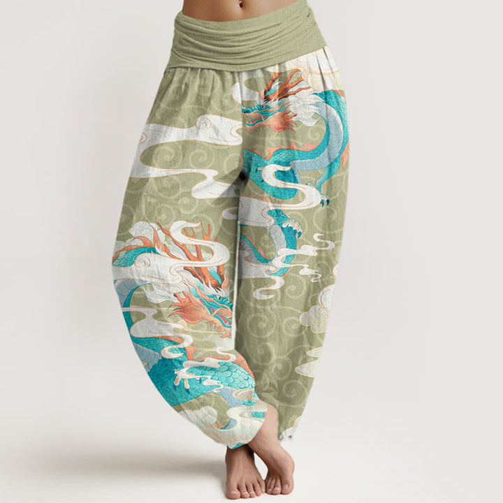 Pantalones harén con cintura elástica para mujer con diseño de Buddha Stones, dragón vibrante, nubes blancas propicias
