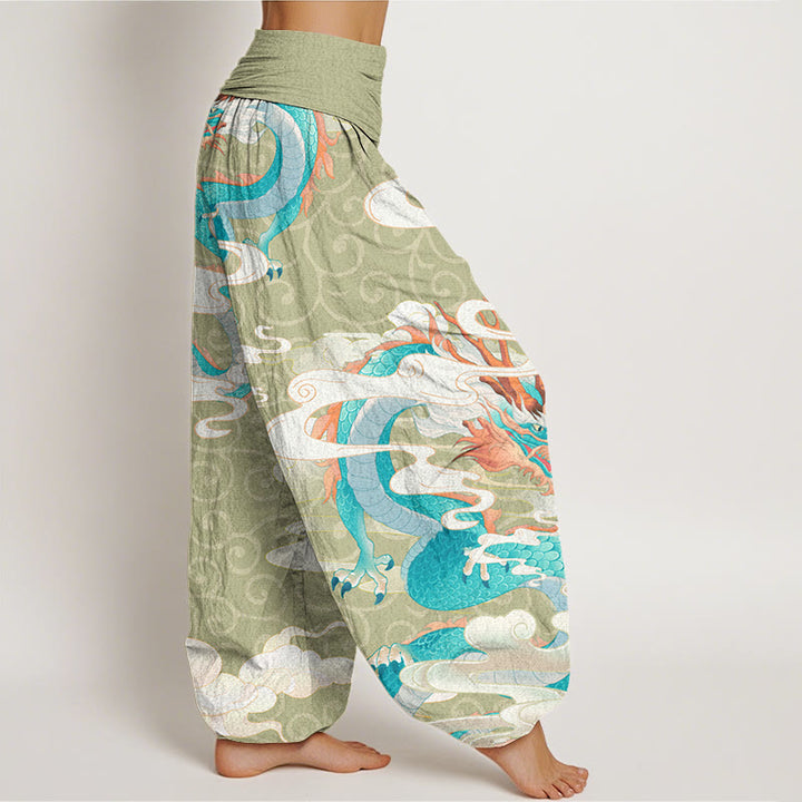 Pantalones harén con cintura elástica para mujer con diseño de Buddha Stones, dragón vibrante, nubes blancas propicias