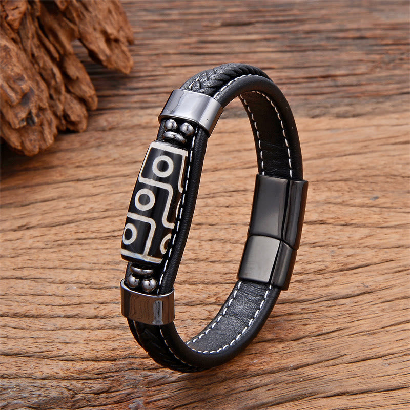 Pulsera de cuero con hebilla de riqueza y cuentas Dzi tibetanas de nueve ojos con Buddha Stones - Negro - 18-22 cm - image 1
