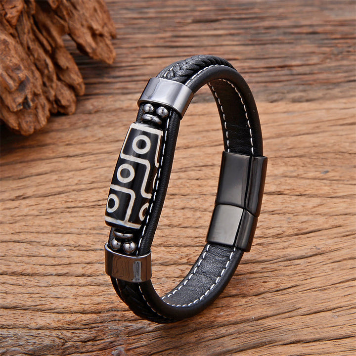 Pulsera de cuero con hebilla de riqueza y cuentas Dzi tibetanas de nueve ojos con Buddha Stones - Negro - 18-22 cm - image 1
