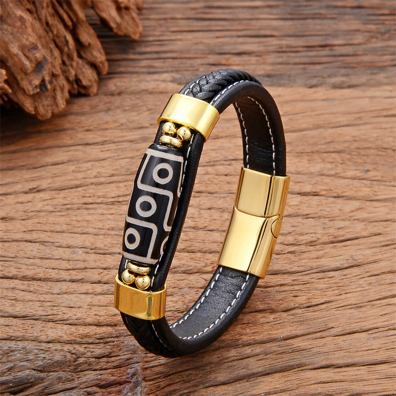 Pulsera de cuero con hebilla de riqueza y cuentas Dzi tibetanas de nueve ojos con Buddha Stones - Oro - 18-22 cm - image 2