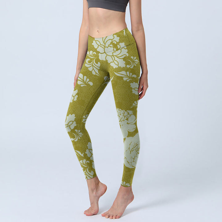 Leggings de yoga para mujer con estampado de flores monocromáticas y Buddha Stones - Verde amarillento - US18，UK/AU22，EU50 (4XL) - image 0