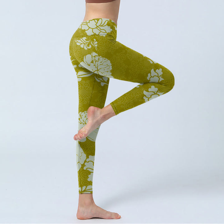Leggings de yoga para mujer con estampado de flores monocromáticas y Buddha Stones - image 4