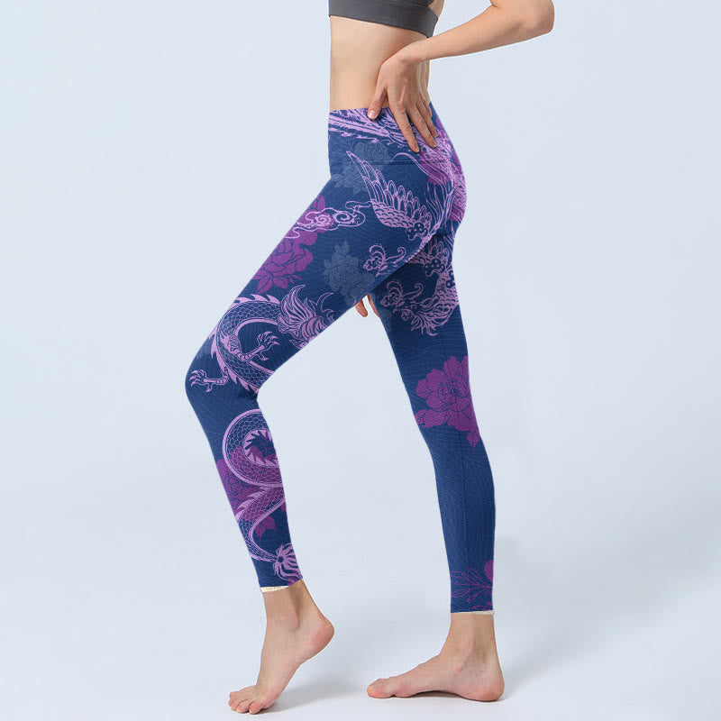 Leggings de yoga para mujer con estampado de flores de fénix, dragón morado y Buddha Stones