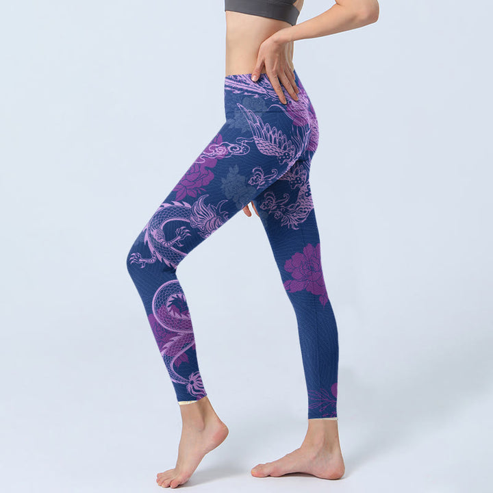 Leggings de yoga para mujer con estampado de flores de fénix, dragón morado y Buddha Stones