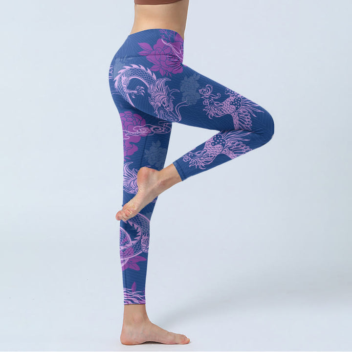 Leggings de yoga para mujer con estampado de flores de fénix, dragón morado y Buddha Stones