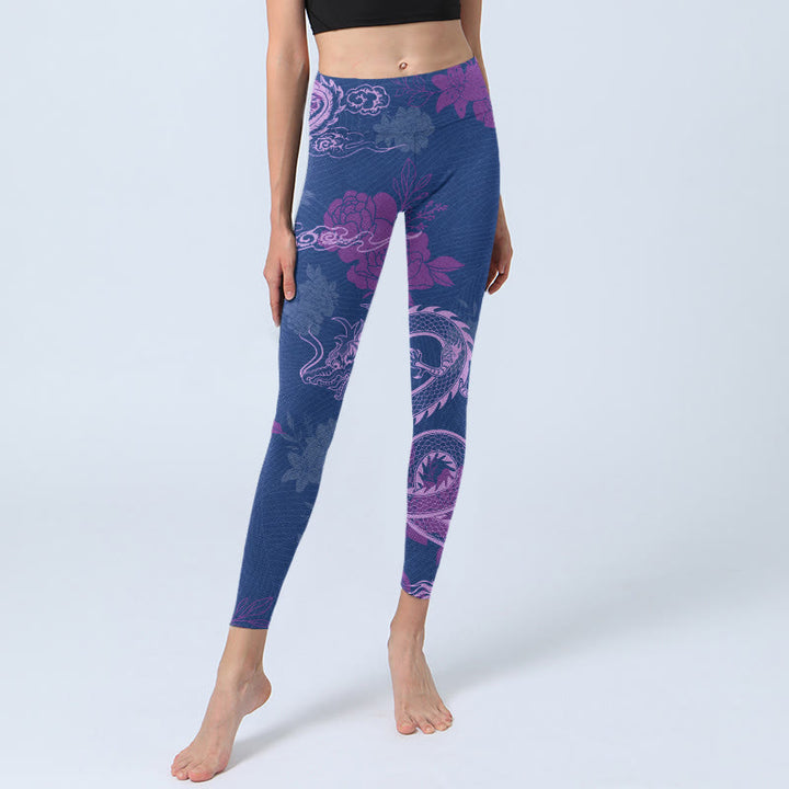 Leggings de yoga para mujer con estampado de flores de fénix, dragón morado y Buddha Stones