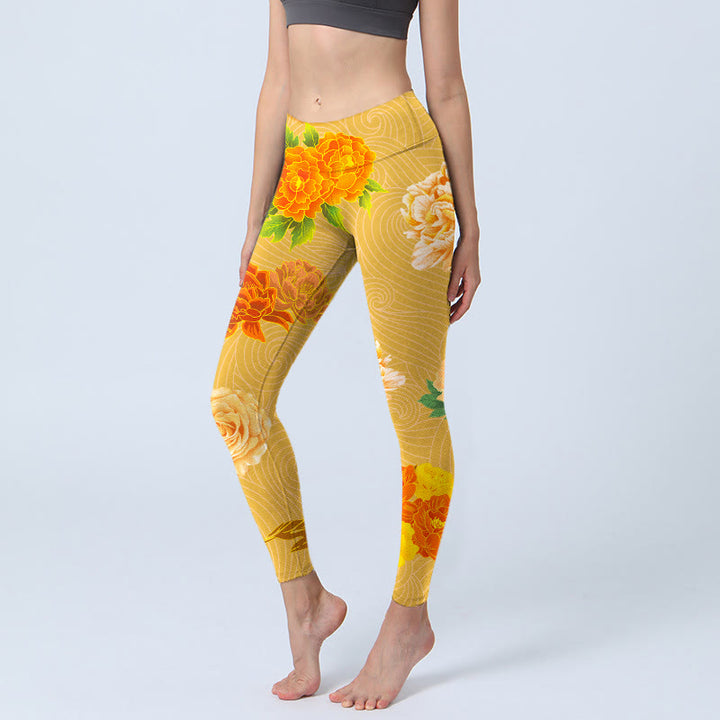Leggings de yoga para mujer con estampado de flores de rosas vibrantes y Buddha Stones - Oro - US18，UK/AU22，EU50 (4XL) - image 1