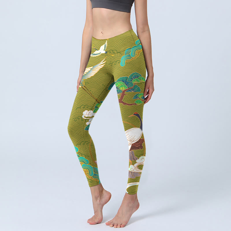 Leggings de yoga para mujer con estampado de Buddha Stones, grullas voladoras, nubes propicias y árboles - Verde oliva - US18，UK/AU22，EU50 (4XL) - image 1