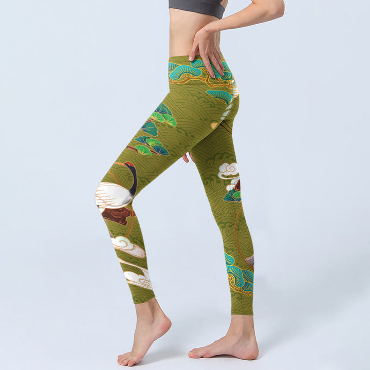 Leggings de yoga para mujer con estampado de Buddha Stones, grullas voladoras, nubes propicias y árboles - image 3