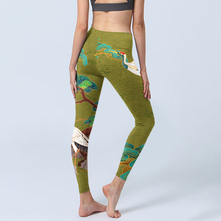 Leggings de yoga para mujer con estampado de Buddha Stones, grullas voladoras, nubes propicias y árboles - image 5