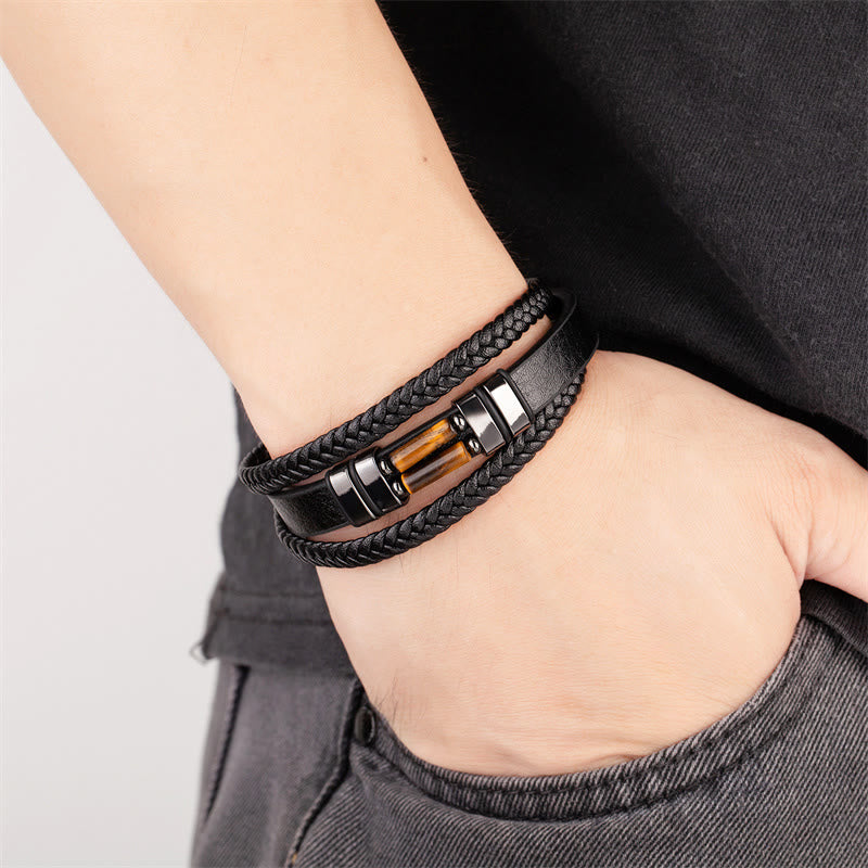 Pulsera de cuero multicapa con Buddha Stones, ojo de tigre, lazurita, lapislázuli, hematita, jaspe con imagen, ónix negro. - image 1