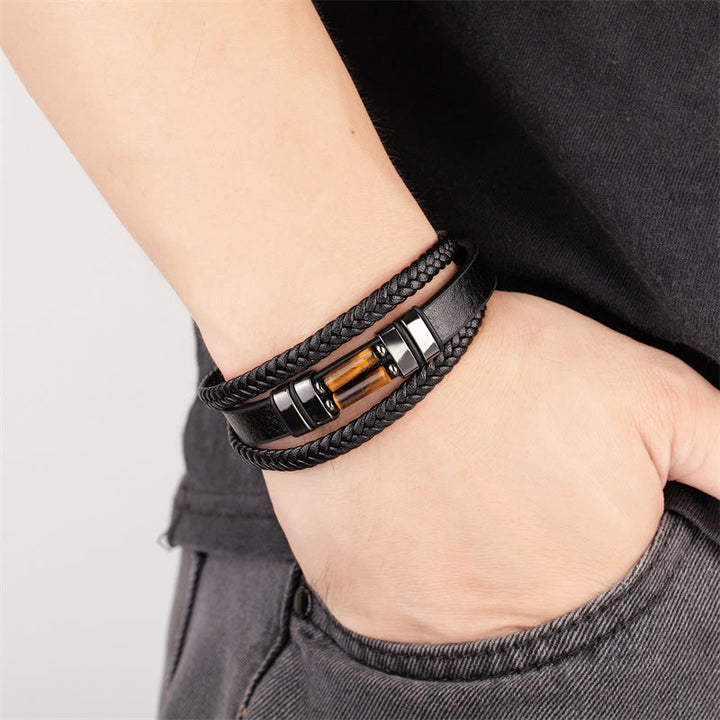 Pulsera de cuero multicapa con Buddha Stones, ojo de tigre, lazurita, lapislázuli, hematita, jaspe con imagen, ónix negro. - image 1