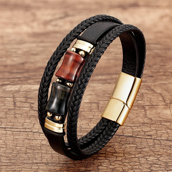 Pulsera de cuero multicapa con piedra de bambú, ojo de tigre y Buddha Stones - Ojo de tigre marrón-rojo-negro - 18-22 cm - image 9