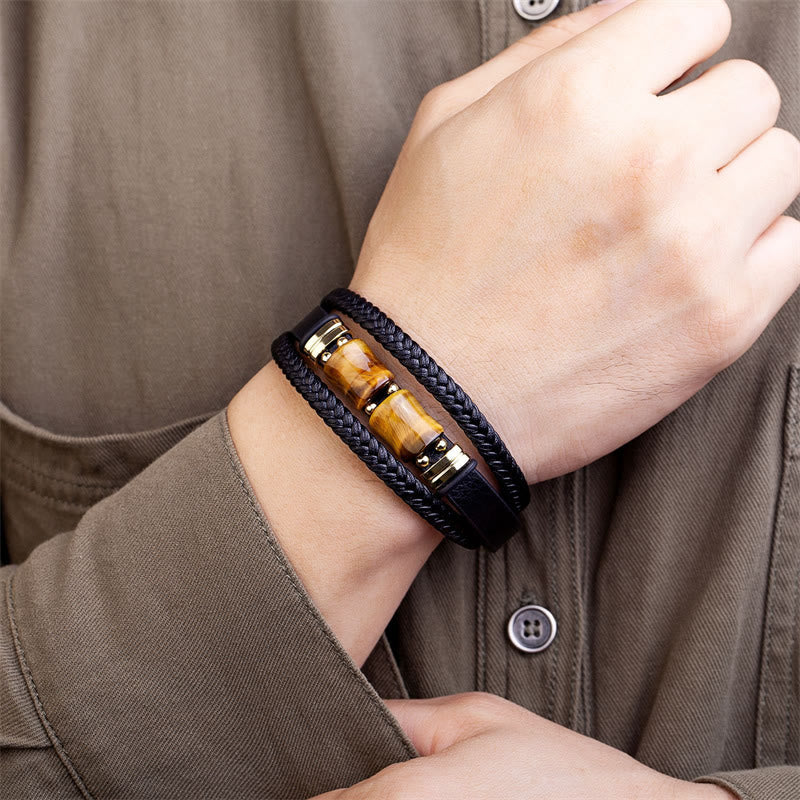 Pulsera de cuero multicapa con piedra de bambú, ojo de tigre y Buddha Stones - image 2