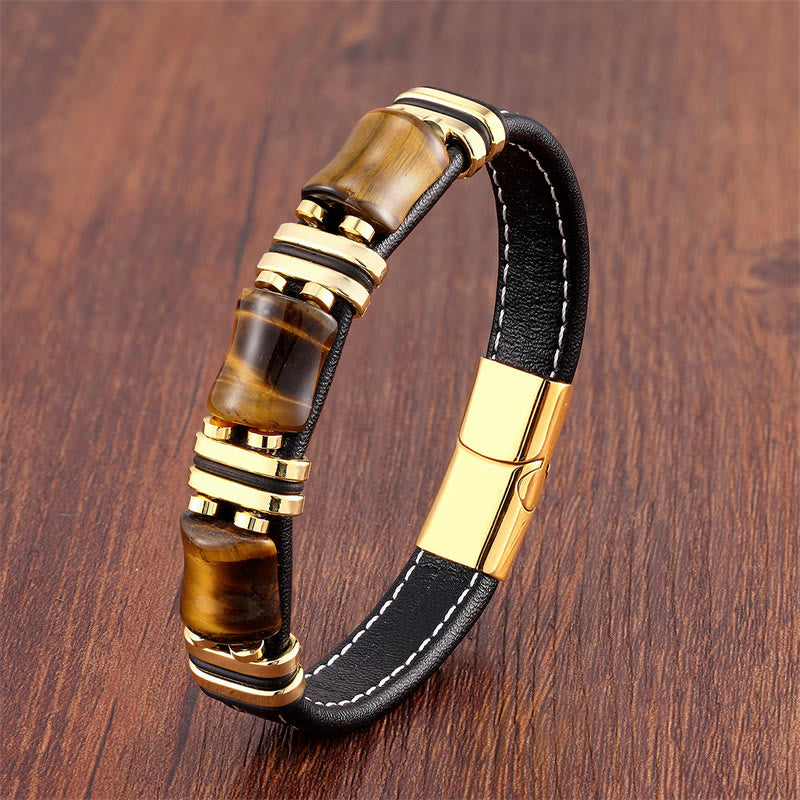 Buddha Stones Pulsera de cuero con protección de tres piedras de bambú y ojo de tigre - image 22