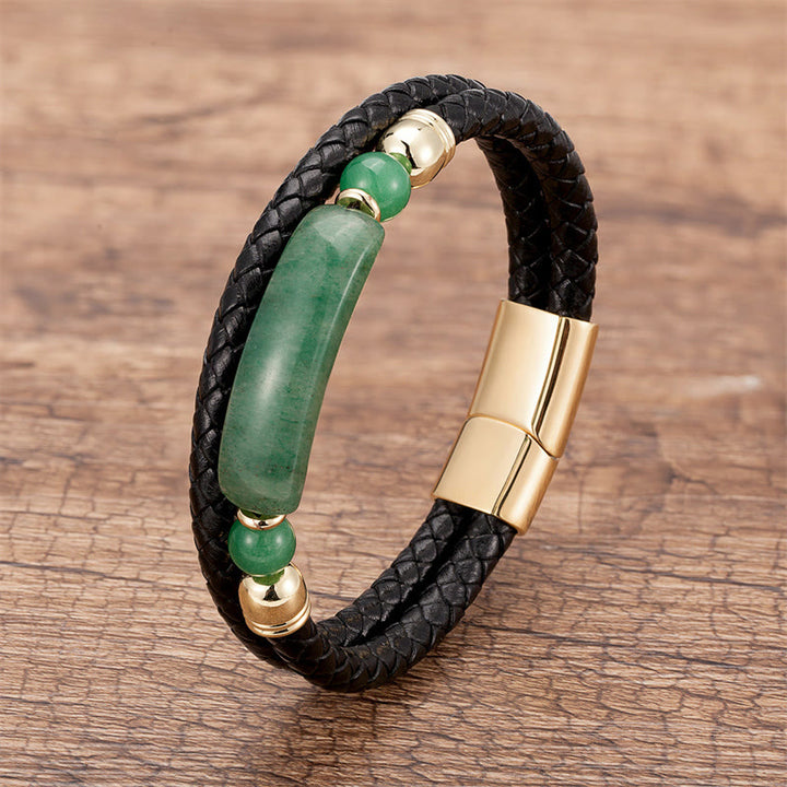 Pulsera de cuero con hebilla magnética y Buddha Stones, aventurina verde, ojo de tigre, ágata verde, ónix negro y piedra de hematita - Oro - Aventurina verde - 18-22 cm - image 0
