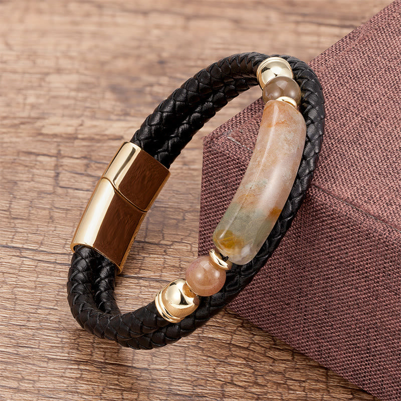 Pulsera de cuero con hebilla magnética y Buddha Stones, aventurina verde, ojo de tigre, ágata verde, ónix negro y piedra de hematita - Oro - Ágata - 18-22 cm - image 7