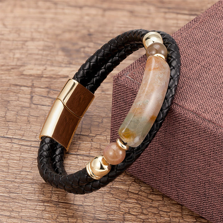 Pulsera de cuero con hebilla magnética y Buddha Stones, aventurina verde, ojo de tigre, ágata verde, ónix negro y piedra de hematita - Oro - Ágata - 18-22 cm - image 8
