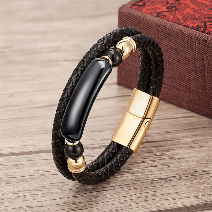 Pulsera de cuero con hebilla magnética y Buddha Stones, aventurina verde, ojo de tigre, ágata verde, ónix negro y piedra de hematita - Oro - Ónix negro - 18-22 cm - image 9