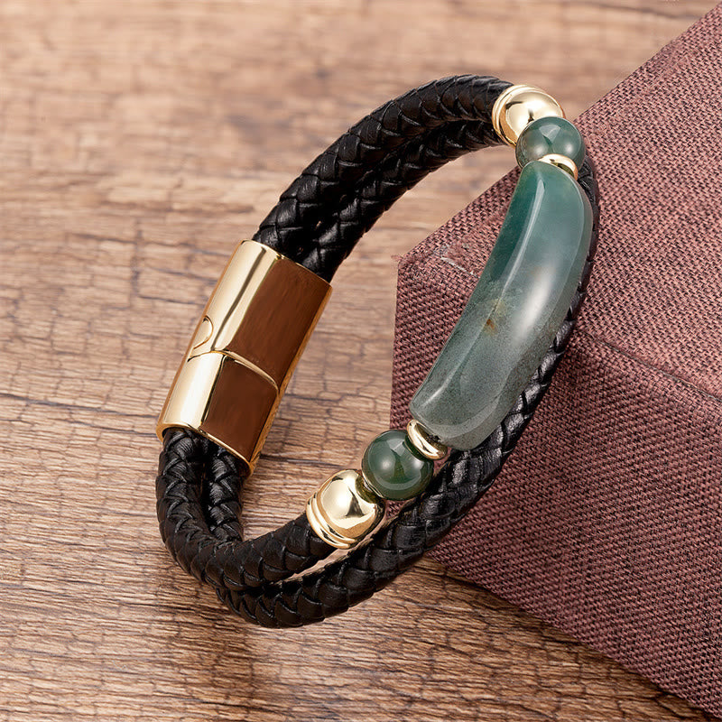 Pulsera de cuero con hebilla magnética y Buddha Stones, aventurina verde, ojo de tigre, ágata verde, ónix negro y piedra de hematita - Oro - Ágata verde - 18-22 cm - image 14