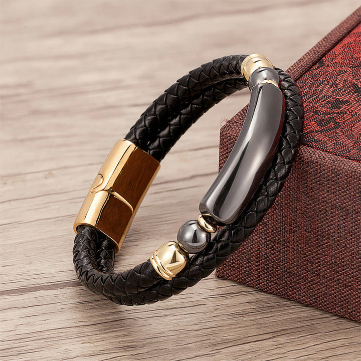 Pulsera de cuero con hebilla magnética y Buddha Stones, aventurina verde, ojo de tigre, ágata verde, ónix negro y piedra de hematita - Oro - Hematites - 18-22 cm - image 18