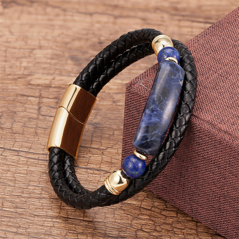 Pulsera de cuero con hebilla magnética y Buddha Stones, aventurina verde, ojo de tigre, ágata verde, ónix negro y piedra de hematita - Oro - Lazurita - 18-22 cm - image 21