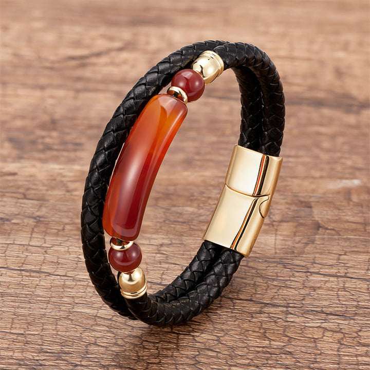 Pulsera de cuero con hebilla magnética y Buddha Stones, aventurina verde, ojo de tigre, ágata verde, ónix negro y piedra de hematita - Oro - Ágata roja - 18-22 cm - image 27