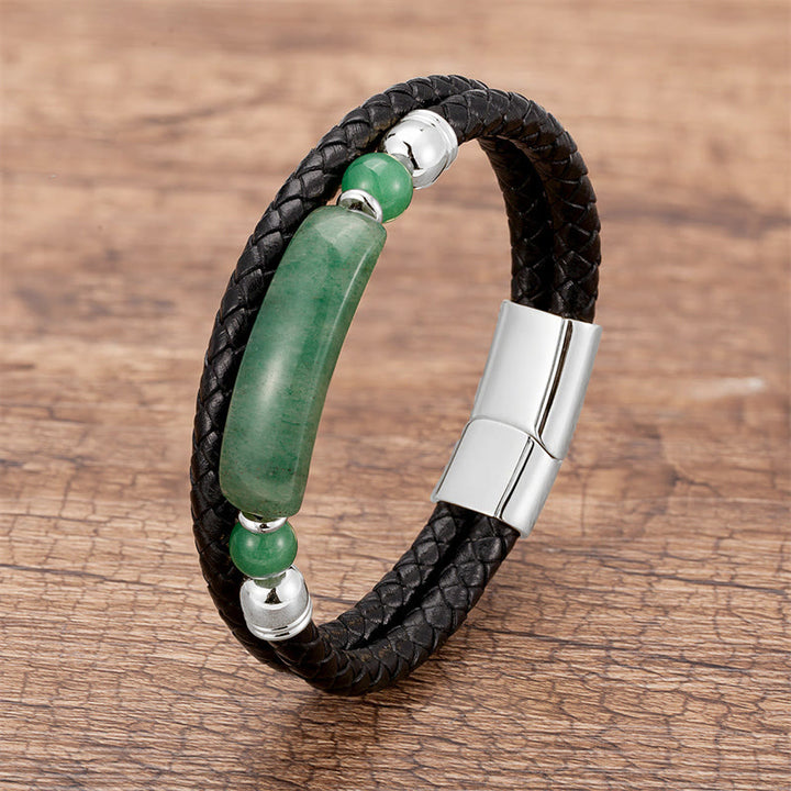 Pulsera de cuero con hebilla magnética y Buddha Stones, aventurina verde, ojo de tigre, ágata verde, ónix negro y piedra de hematita - Plata - Aventurina verde - 18-22 cm - image 1