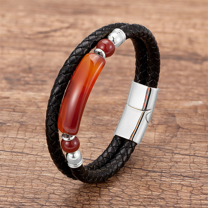 Pulsera de cuero con hebilla magnética y Buddha Stones, aventurina verde, ojo de tigre, ágata verde, ónix negro y piedra de hematita - Plata - Ágata roja - 18-22 cm - image 27