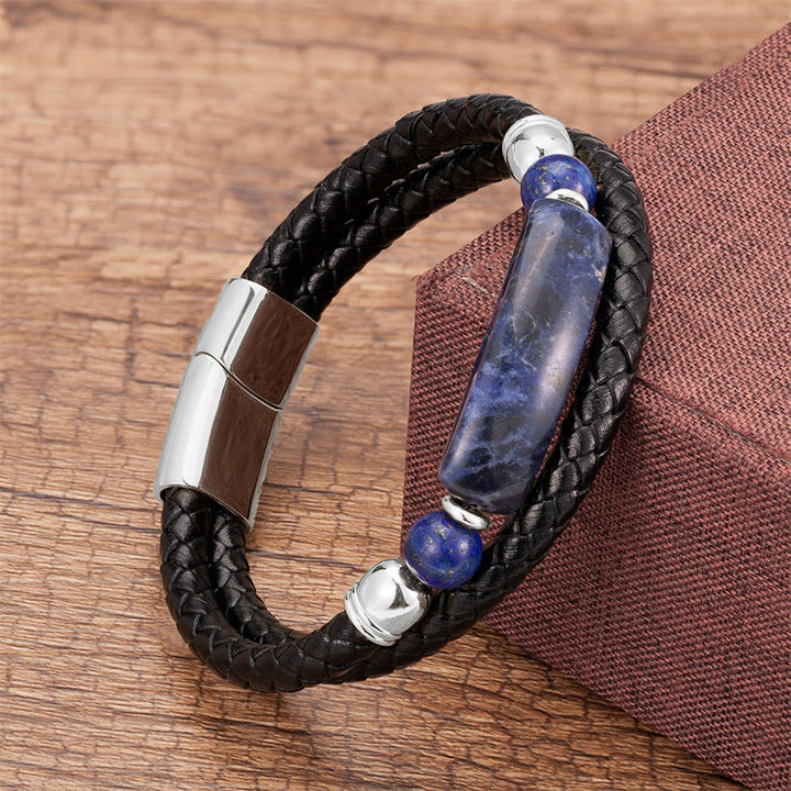 Pulsera de cuero con hebilla magnética y Buddha Stones, aventurina verde, ojo de tigre, ágata verde, ónix negro y piedra de hematita - Plata - Lazurita - 18-22 cm - image 21