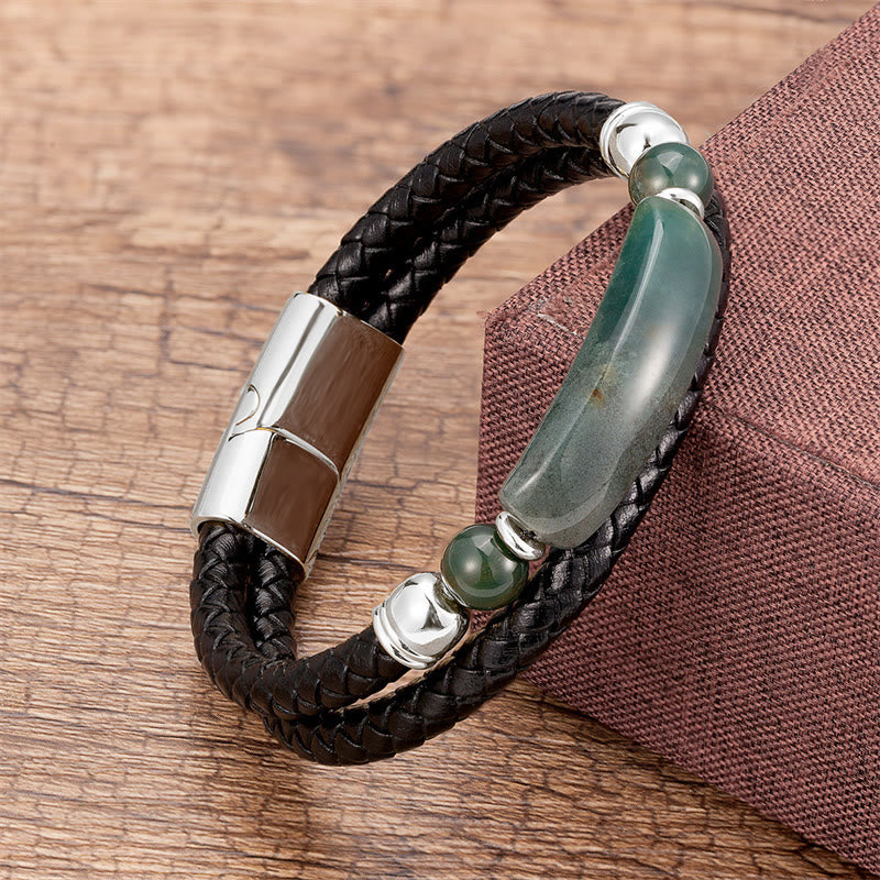 Pulsera de cuero con hebilla magnética y Buddha Stones, aventurina verde, ojo de tigre, ágata verde, ónix negro y piedra de hematita - Plata - Ágata verde - 18-22 cm - image 15