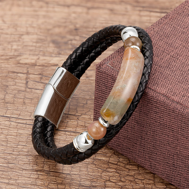 Pulsera de cuero con hebilla magnética y Buddha Stones, aventurina verde, ojo de tigre, ágata verde, ónix negro y piedra de hematita - Plata - Ágata - 18-22 cm - image 9